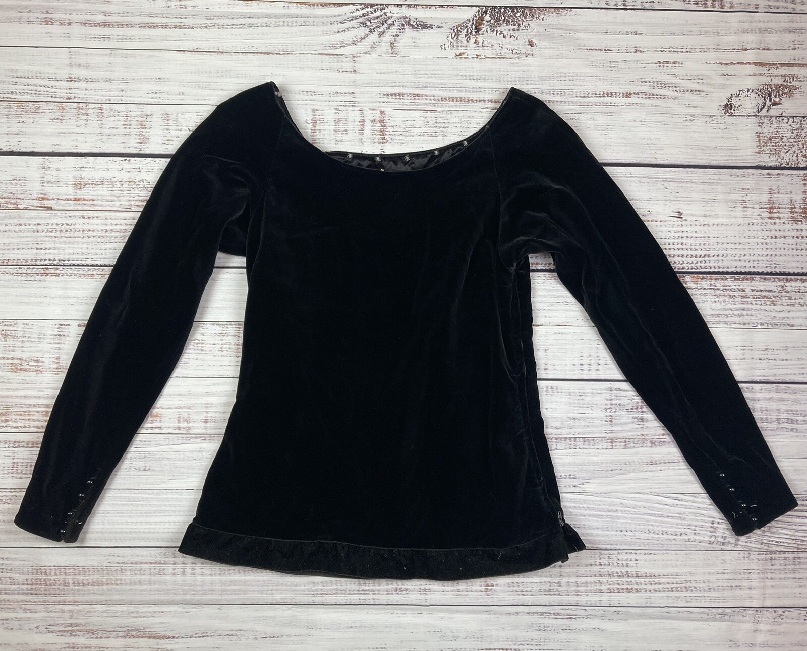 Camicetta Saint Laurent Rive Gauche nera velluto colletto barca manica lunga taglia 44