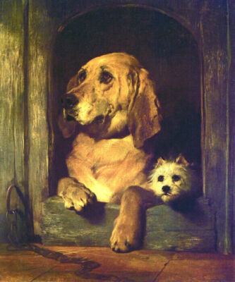 DOG DIGNITY AND IMPUDENCE FRIENDSHIP ANIMAL PAINTING BY EDWIN H LANDSEER REPRO