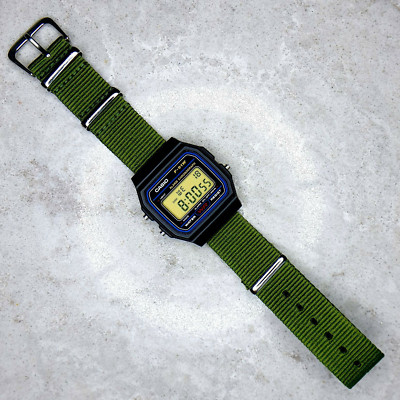 Casio F-91W Watch on a Green Ballistic Nylon Strap, F-91W-1YEF