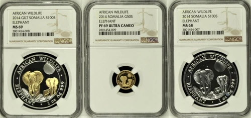 2014 Somalia African Wildlife Set of 3 Gold & Silver NGC MS69,MS68 & PF69