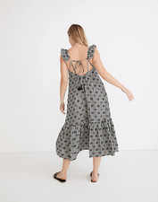 MADEWELL Gingham Print Ruffle Hem Maxi Midi Tent Dress Navy & White Sz 8