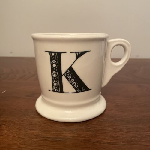 Anthropologie White Coffee Mug Cup Black Letter &#034;K” Initial Monogram Shaving Mug