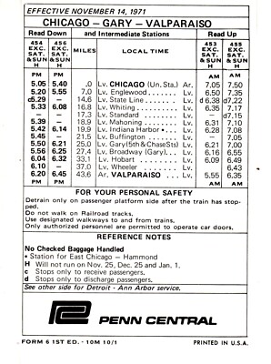 PENN CENTRAL RAILROAD - CHICAGO TO VALPARAISO PUBLIC TIMETABLE - 11/14/1971