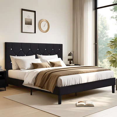 Upholstered Bed Frame Twin Queen Size Platform Diamond Button Tufted Headboard