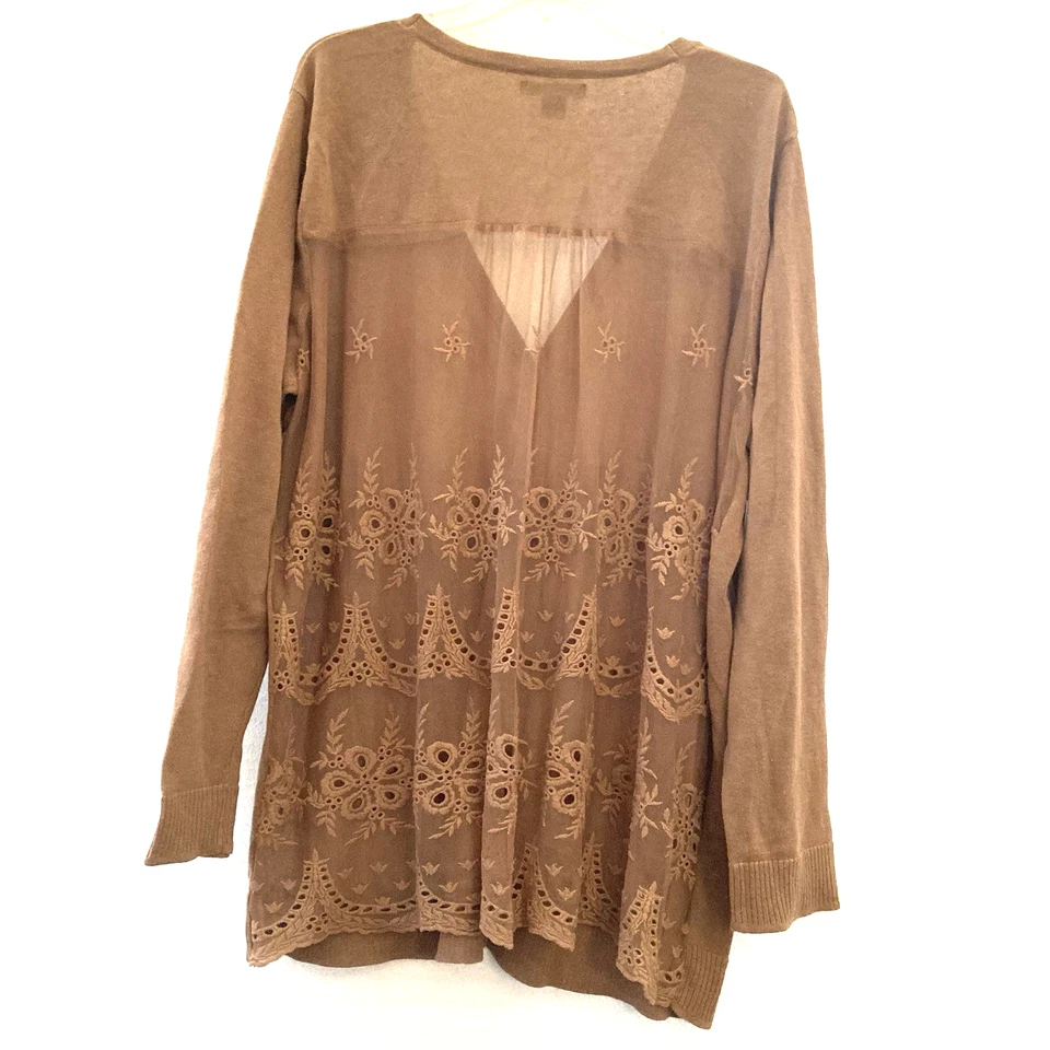 Roamans кардиган свитер женщин 1 X (22-24) чистый кружевной назад светло-коричневый V шеи - Изображение 2 из 4