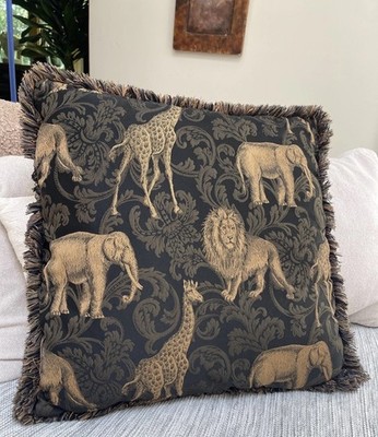 Luxury Designer Safari Bullion Fringe Pillow Elephant Giraffe Lion Black Gold LG