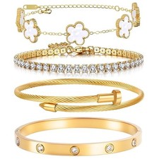 Lamdo 18K Gold Plated Stackable Bracelets for Women, 4-Piece Clover Set White