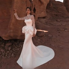 Modern Mermaid Lace Wedding Dresses Women 2026 Pleat High Collar Illusion Back
