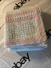 Handmade Crocheted Baby Girl Blanket Pastels With Pink Accents 37 X 36 SWEET