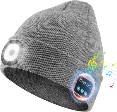 Bluetooth Beanie with Light, Unisex USB Rechargeable 4 LED Headlamp Hat with Wir