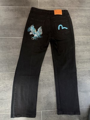 Evisu Jeans Schwarz mit Stickerei   Streetwear Baggy Hose