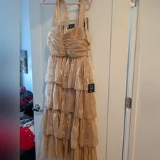 Lulus Gold Shimmer Tiered Ruffle Halter Maxi Dress Special Occasion Size L