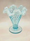 Fenton Blue Opalescent Hobnail 3 3/4” Vase RUFFLE BORDER Vintage