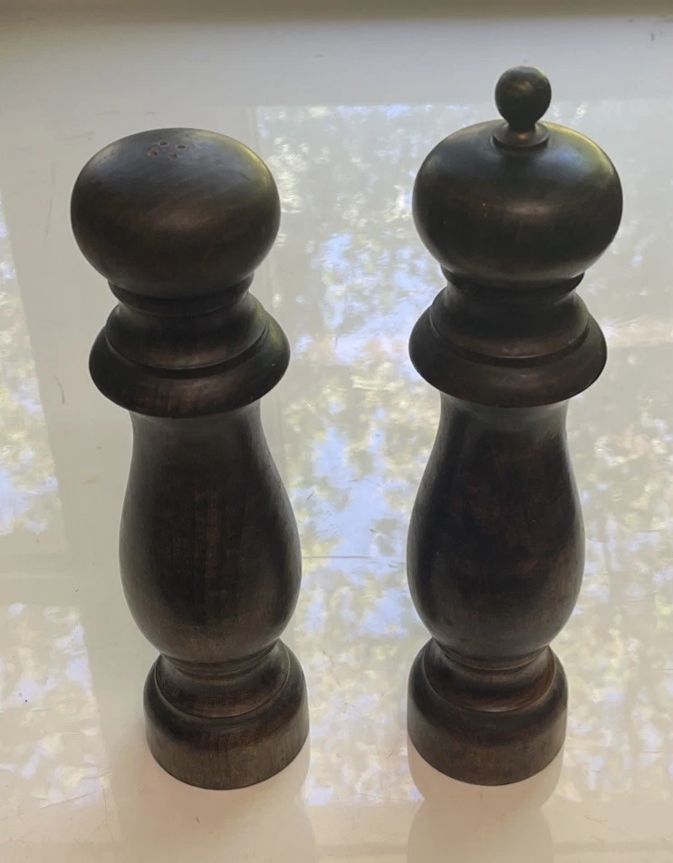 Vintage Set of Wooden Wood Grain Salt Shaker / Pepper Grinder - 10" Tall