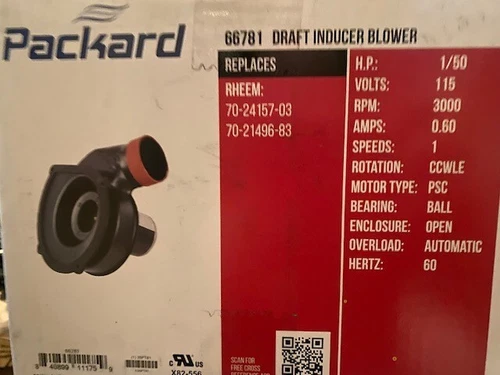 Packard Furnace Draft Inducer Motor 66781 for Rheem Rudd 70-101087-81 7021-11559