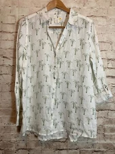 C&C California Linen Top Womens Large Palm Tree Print Button Up Beachy Tropical