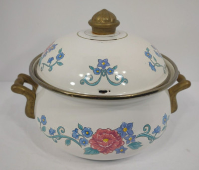Vintage Normandy ivory blue red floral 3 quart enamel pot with lid brass handles