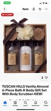 TUSCAN HILLS Vanilla Almond 6-Piece Bath  Body Gift Set With Body Scrubber-NEW 