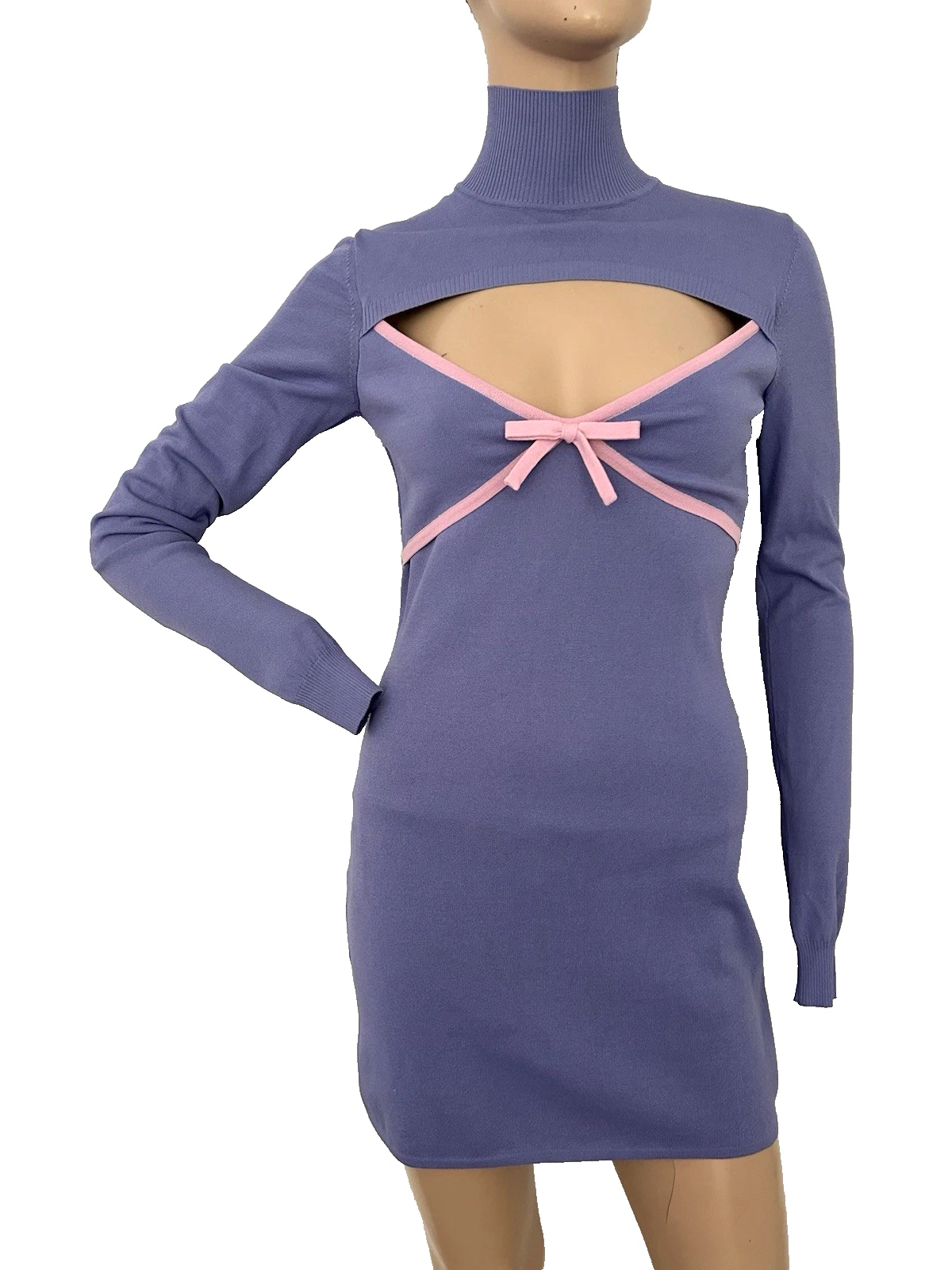 MOSCHINO JEANS mini abito rosa lilla ritagliato manica lunga UK 8 US 6 IT 40 NUOVO