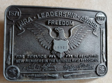 Vintage 1983 Metal NRA Leadership Award Freedom For Recruiting Belt Buckle