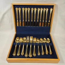 71 Pcs Gold Electroplate Rogers Pavilion Flared Flatware Stainless Korea *READ*