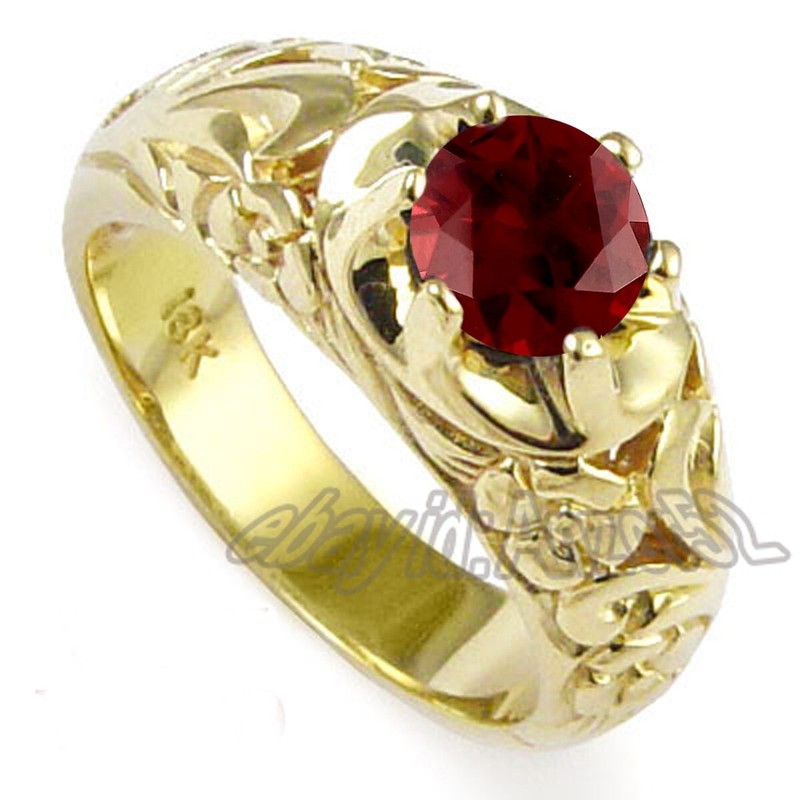 Men's 18k Yellow Gold Natural Garnet Hand Engraved ROCOCO design Ring 6 to 14