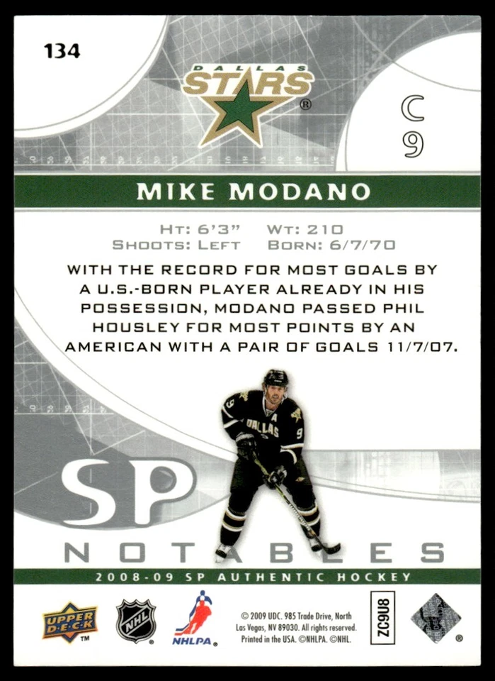 2008-09 SP AUTHENTIC NOTABLES MIKE MODANO 850/999 #134 - Image 2 of 2