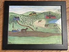 Evelyn S Dubiel (1922-2019), Original Folk Art Painting,Bucolic Naïve Style Farm