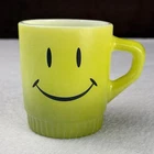 RARE! Vtg 1970s Lime Green Smiley Face Mishawaka Fire-King Advertising Mug