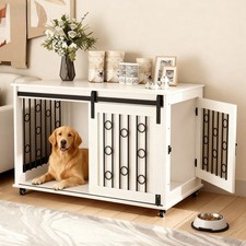 Wood Dog Crate Furniture Indoor Kennel Side Table with Barn Door Wheels