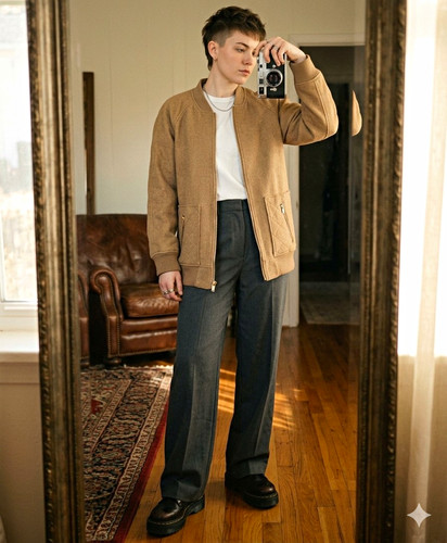 Forever 21 Beige Zip Front Bomber Jacket Camel Wool M