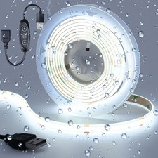 DC 5V USB COB LED Strip Light Cool White 6000K Dimmable IP65 Waterproof CRI 9...