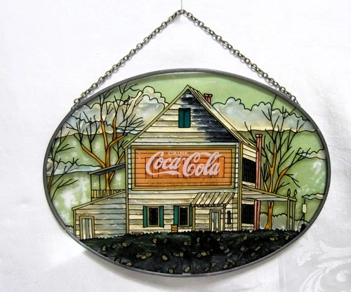 Vintage-1997-Coca-Cola Store Sun Catcher Stained Glass Window Hanging With Chain