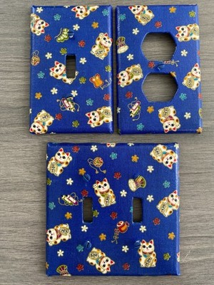 JAPANESE FABRIC LUCKY CAT SWITCHPLATE 2 PC SET HANDMADE (MIDWAY SIZE)