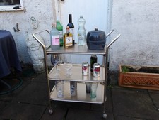 Vintage 3-Tier Gold Coloured Cocktail Hostess Trolley Folding & Lift Of Trays