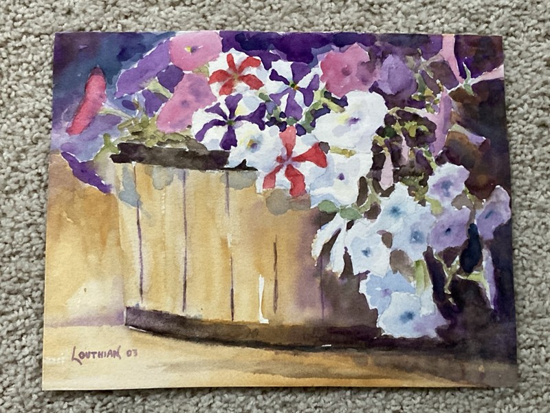 ORIGINAL WATERCOLOR Painting Signed  Basket Petunia Flowers Louthian