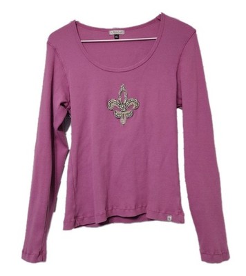 Marabou Sz XL Embellished Fleur-De-Lis Long Sleeve Ribbed Shirt Rose Color Jewel