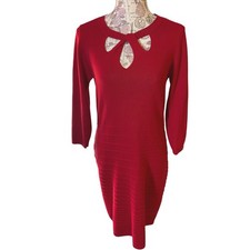 Red Knit Dress Bow Cutout 3/4 Sleeve SZ S cottagecore  Valentine dress