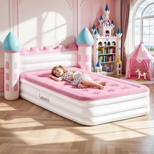 Inflatable Kids Bed, Pink Castle Toddler Travel Bed with Electric Air Pump, K...