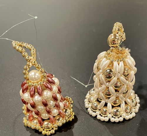 Vintage Pearl & Gold Colored Beaded Christmas Ornament Lot Snowflake Bell Angel - Picture 2 of 8