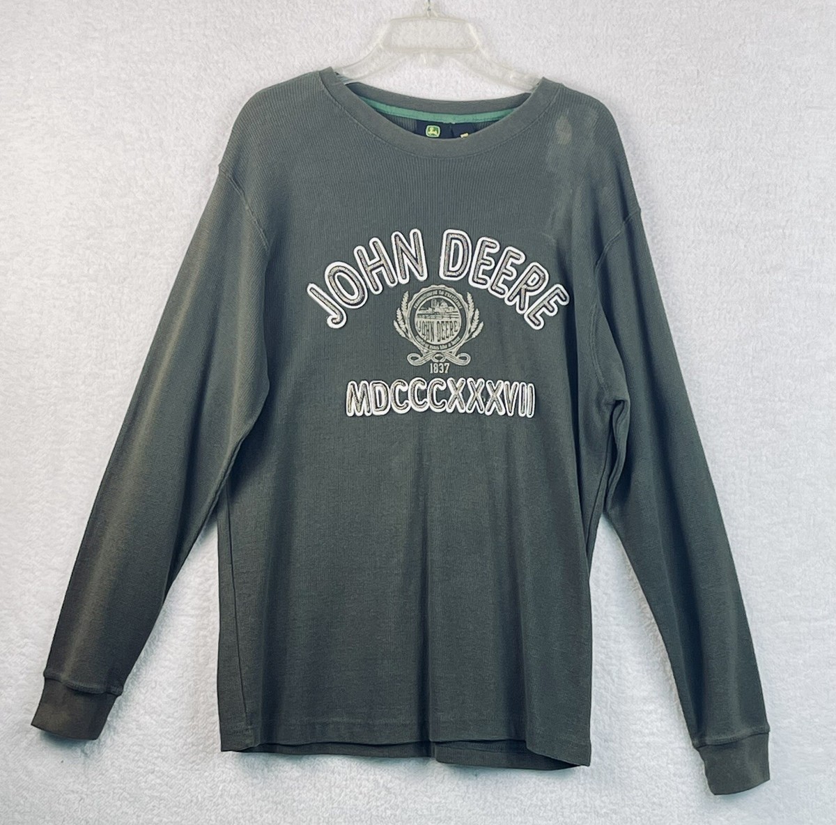 John Deere Waffle Knit Pullover Long Sleeve Tee Shirt Sz L Farm