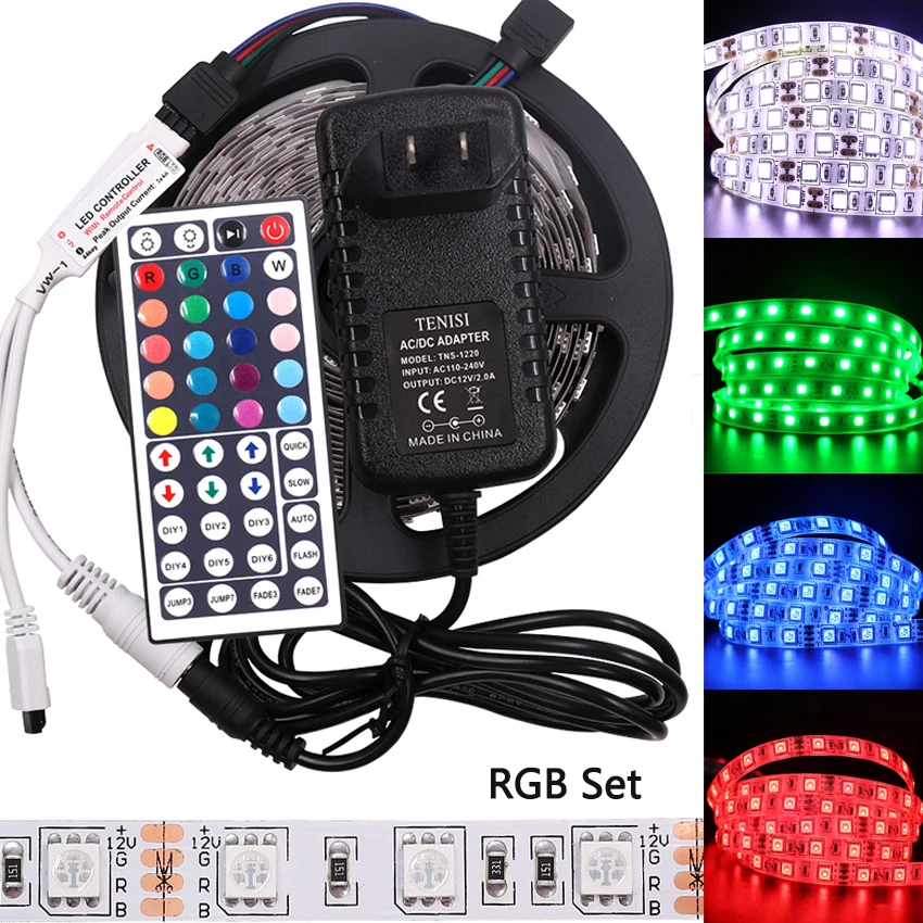 5m rgb 5050 waterproof led strip light smd 44 key remote 12v us power full kit deals