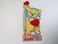 Vintage Valentine Card Die Cut ALion Holding Hear Jungle Lover C7694