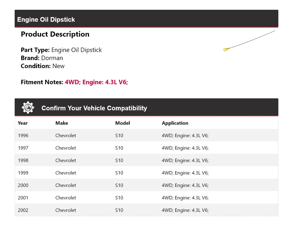 Varilla de medición de aceite de motor Dorman V6 4x4 1996-2002 Chevrolet S10 4,3 L 1997 1998 Foto 2 de 4