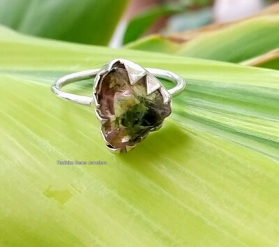 Rock Natural Bi-Color Tourmaline Gemstone 925 Sterling Silver Ring Size 7 US