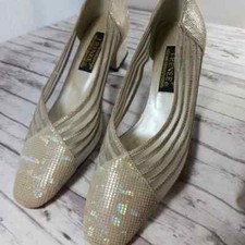 J. Renee Iridescent Champagne Mesh Leather Shoes Chucky Block Heel Pumps Size 7