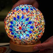 Turkish Table lamp D:4.7" x H:5.2" ,Mosaic Glass Lamps with Wooden Base, Boh...