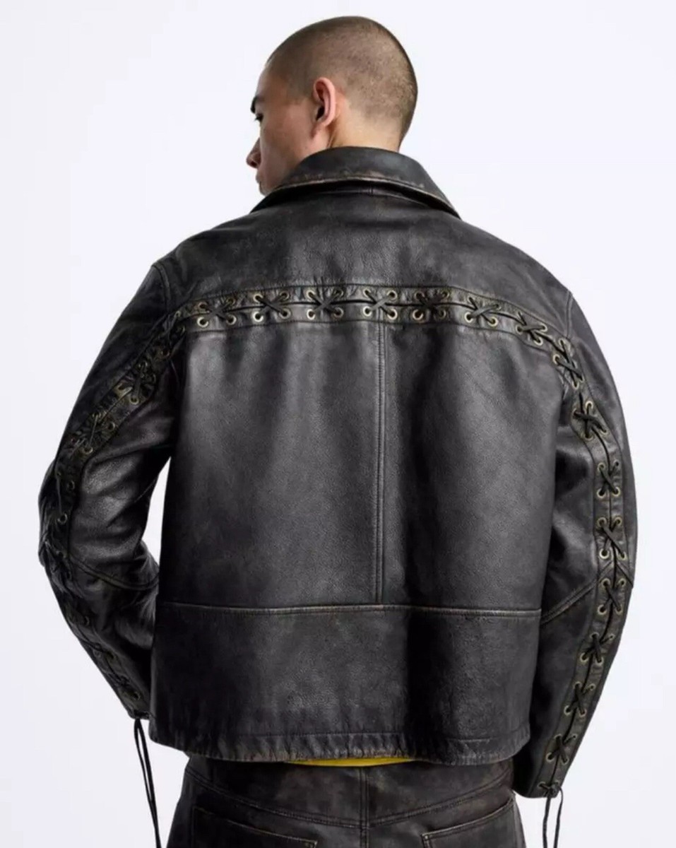 Zara Men's Vintage Effect Black 100% Cow Leather Jacket Size