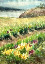 Original watercolour Spring landscape with trees and river reflection of clouds