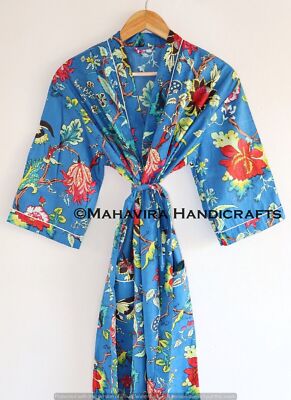 Women Cotton Floral Rose Print Turquoise Night Gown Sleepwear Boho Kimono Robe